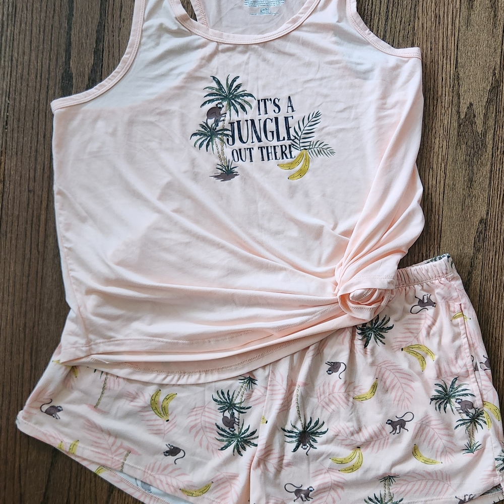 Pink Tropical Print Pajama Set with Elastic Waistband